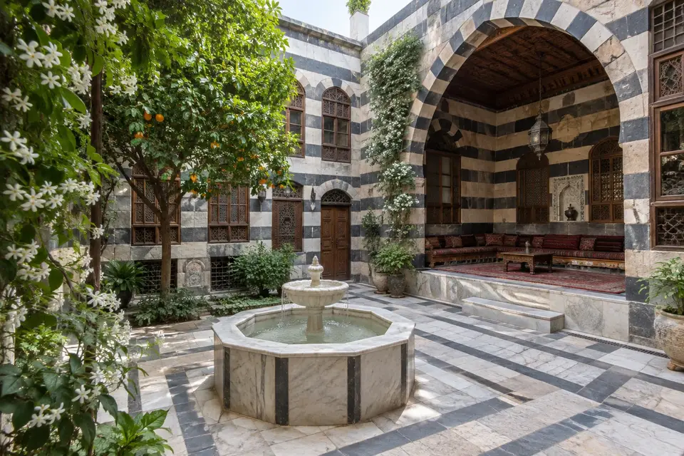 بيت عربي دمشقي في باب توما مع ليوان وبحرة
